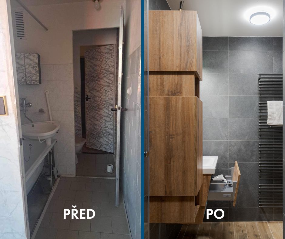Pohled na koupelnu ve stavu před a po rekonstrukci